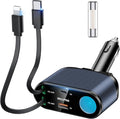 Retractable Car Charger Cigarette Lighter Adapter, 168W 5 in 1 Fast Phone Charging Built-in Replaceable Fuse, Socket Splitter with USB C and USB i Cord, Fit for Phone iPad Galaxy GPS, Blue