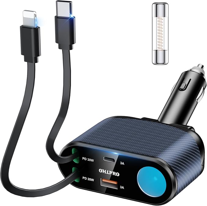 Retractable Car Charger Cigarette Lighter Adapter, 168W 5 in 1 Fast Phone Charging Built-in Replaceable Fuse, Socket Splitter with USB C and USB i Cord, Fit for Phone iPad Galaxy GPS, Blue