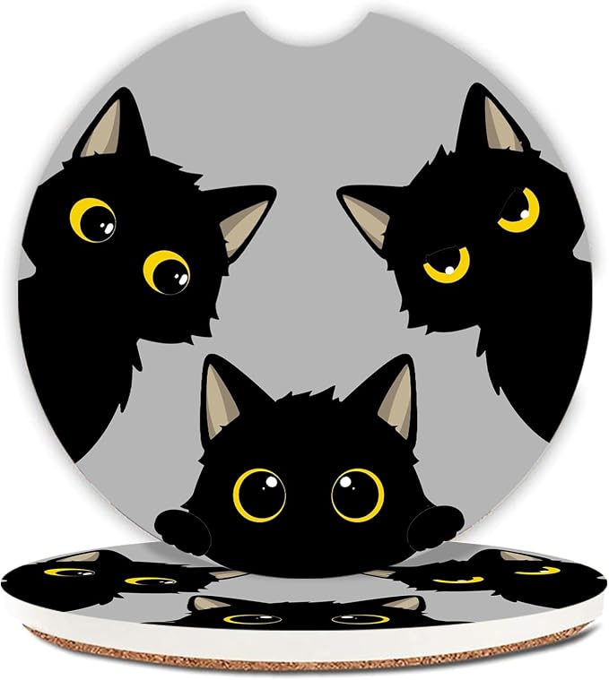 Cute Black Cats Ceramic Cup Holders Car Coasters Set for Women/Men,Drink Cup Car Holder Coasters with A Finger Notch 2.56" Pack of 2.