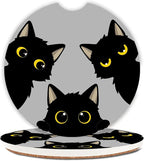 Cute Black Cats Ceramic Cup Holders Car Coasters Set for Women/Men,Drink Cup Car Holder Coasters with A Finger Notch 2.56" Pack of 2.