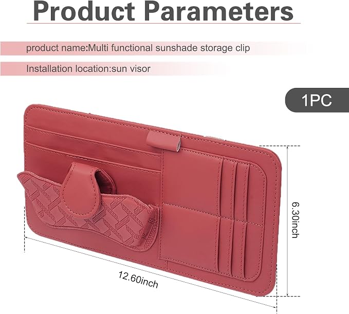 Car Sun Visor Organizer, Multi-Function Leather Car Visor Storage Pouch for Sunglasses Cards Licenses Pens, Multi-Pocket Visor Organizer, Universal for SUV, Sedan, Truck (Red)