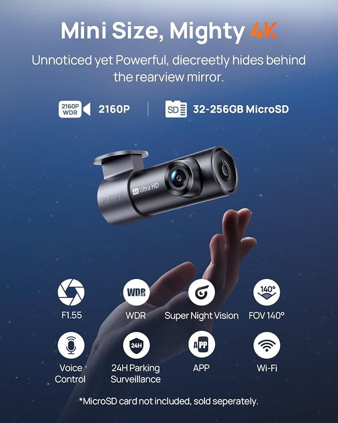 M310 Plus 4K Dash Cam Front with Night Vision, 140° Wide Angle Dash Camera for Cars, WiFi Dashcam with App, Parking Mode, G-Sensor, Loop Recording, Voice Control, Easy Install Car Camera