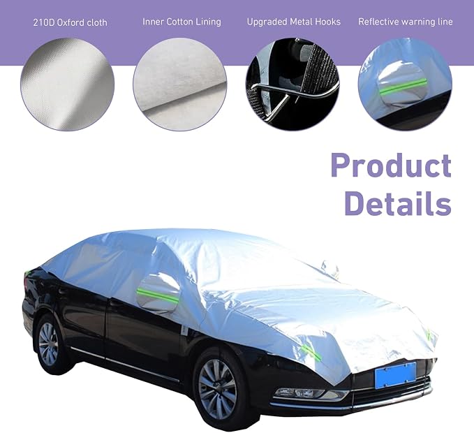 Half Car Cover, Thickened Car Sunshade Windshield Cover, All-Season Foldable Protective Shield for Rain Ice Snow Sand Leaves, for Most Sedans (Silver, 17Ft Long)