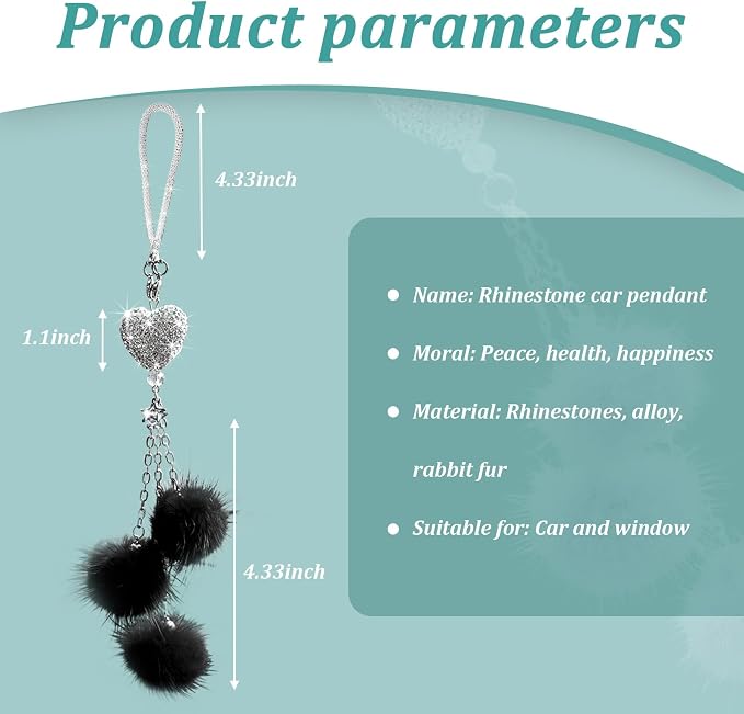 Bling Diamond Heart Car Interior Accessories - Heart & Pink Plush Ball Decor Ornament Pendant, Mirror Hanging Decoration Charm (Black)