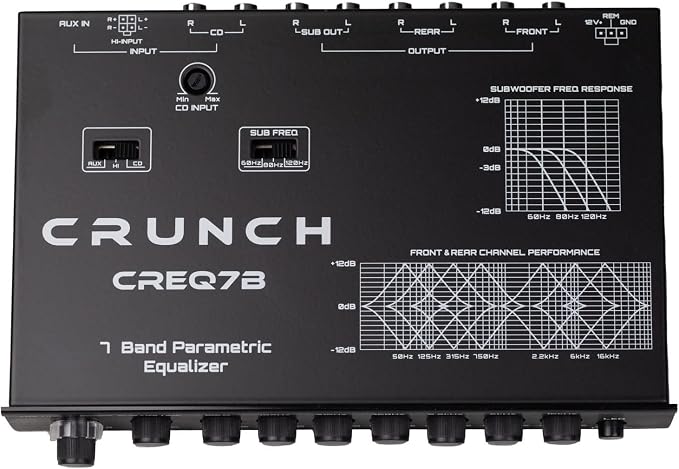 CREQ7B 7-Band Car Audio Parametric Equalizer with 9-Volt Line Driver, Subwoofer Control, and Dual Aux Inputs, ½ DIN ISO Mount