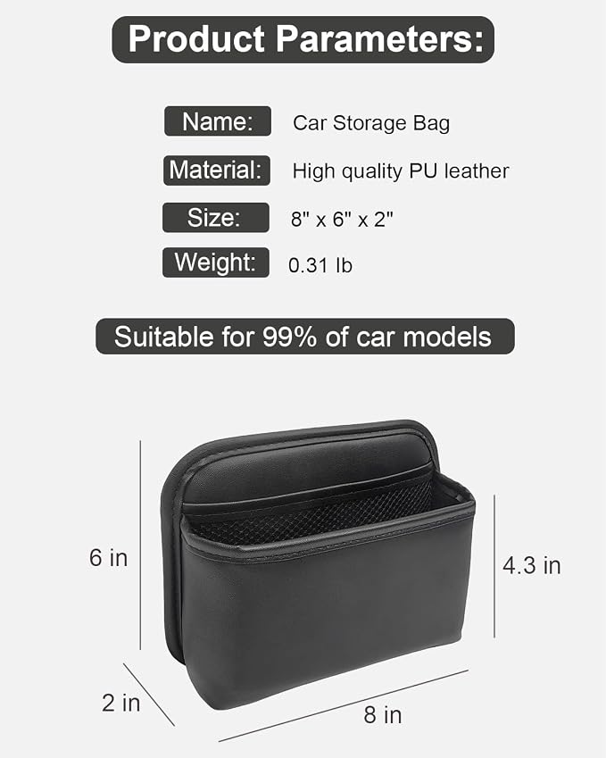 Driver's Car Storage Bag, Small Car Side Pocket Organizer for Car Seats, Doors and Consoles, PU Leather, (Black)