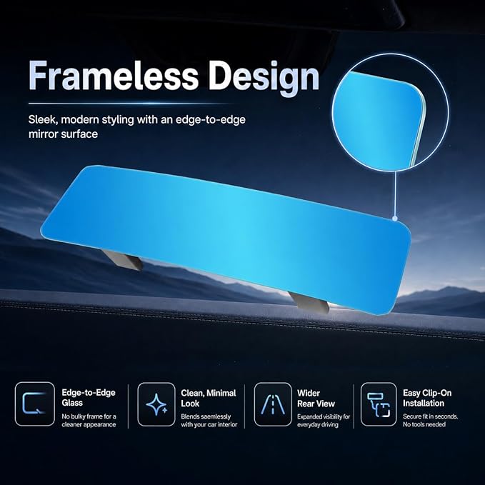 Anti Glare Wide Angle Car Rearview Mirror, 12'', Convex, Blue | Frameless Clip-On Rear View Mirror, Panoramic Interior Mirror for Cars, SUVs, Reduce Headlight Glare, Eliminate Blind Spots