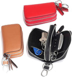 Key Fob Case Genuine Leather, Double Zipper Car Key Holder & Key Wallet with Keychain, Key Pouch for Purse Gift