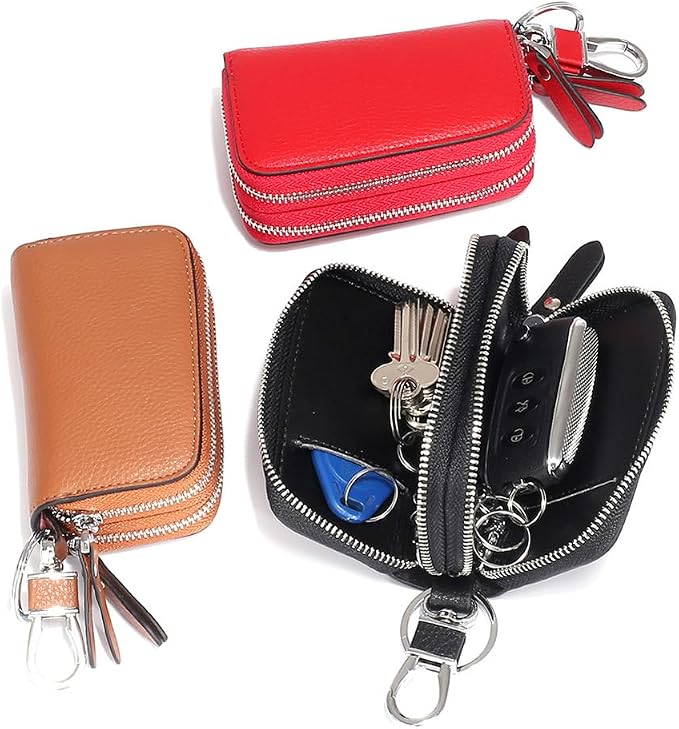 Key Fob Case Genuine Leather, Double Zipper Car Key Holder & Key Wallet with Keychain, Key Pouch for Purse Gift