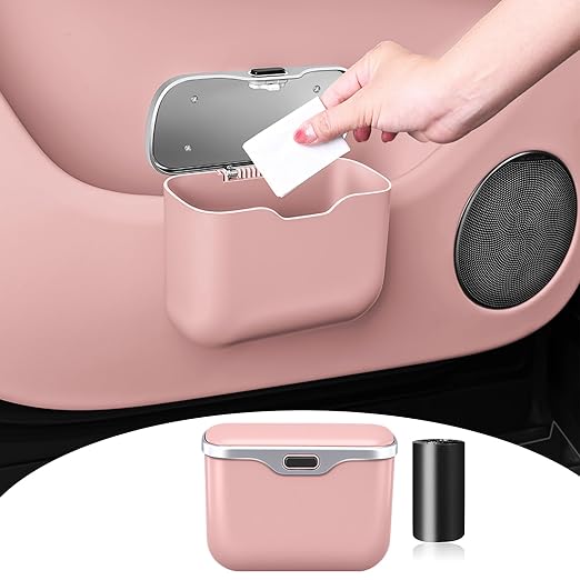 Car Trash Can, Waterproof Multi‑Functional Auto Trash Bin for Door/Console/Seat Back, Universal Vehicle Garbage Can for Car/Truck/SUV Drivers (Pink)