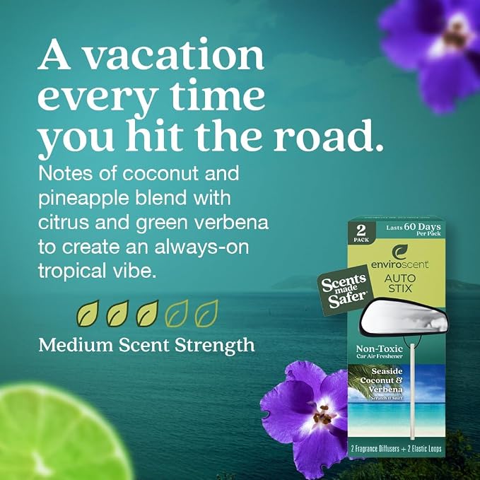 Non-Toxic* Car Air Freshener Auto Stix® - Scents Made Safer - Enjoy Fragrance Lasts Up to 480 Days - Includes Auto Stix® Diffusers & Elastic Loops - Seaside Coconut & Verbena (Pack of 8)
