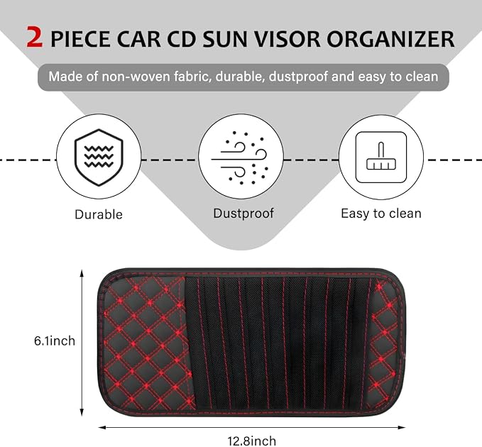 2PCS Car CD Visor Storage Cases, Sun Visor Organizer Disc Holder with 10 DVD Storage Sleeves, Vehicle Sunshade Anti-Scratch Leather CD Case Wallet for Car Truck SUV (Red)
