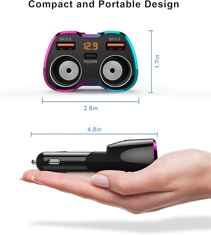 2026 Upgraded Cigarette Lighter Splitter, 180W 2-Socket Cigarette Lighter Adapter with Dual QC3.0 and 20W PD USB C Car Charger Splitter for GPS/Dash Cam/Laptop/iPad/iPhone 17/16/15/14/13/12