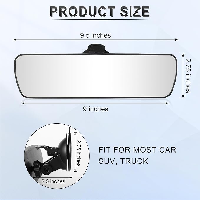 Anti Glare Rear View Mirror, Universal 9.5' (241mm) Wide Angle Panoramic Convex Rearview Mirror with Strong Suction Cup, Mounts on Windshield to Reduce Blind Spots for Cars SUV Trucks