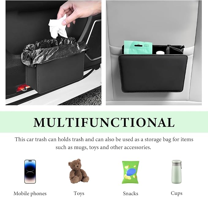 Car Trash Can, Foldable Leather Automotive Garbage Bin Organizer Holder with One Roll Trash Bag, Multi-Function Mini Hanging Dustbin Storage Bag Container for SUV Truck RV (Beige)