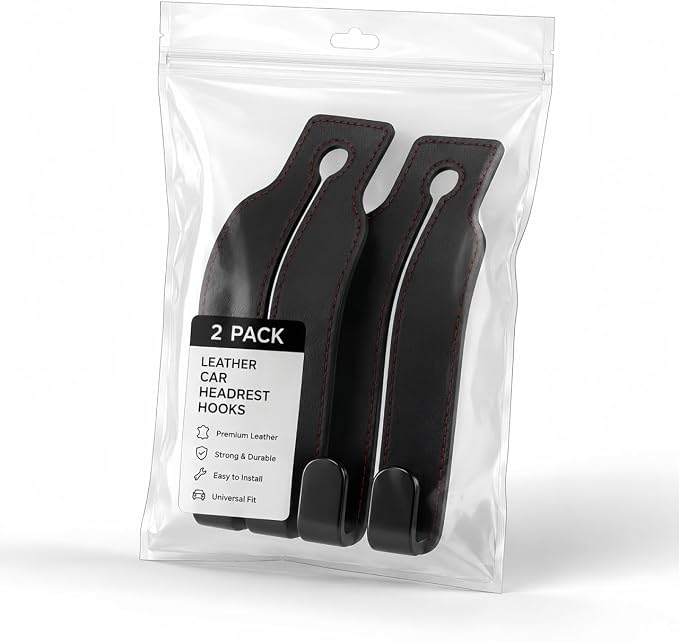 2 Pack Car Seat Headrest Hooks, Black Leather Car Purse Hangers with Red Stitching, Vehicle Back Seat Organizer Hooks for Handbags, Grocery Bags, Keys, Jackets and Accessories