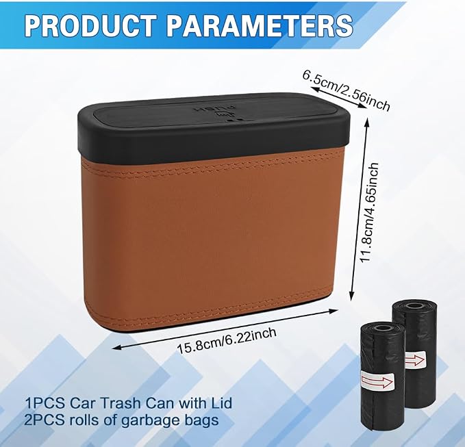 2PCS Car Trash Can with Lid, Press-Top Car Trash Bin with 30PCS Cars Trashs Bags, Small Automotive Dustbin Garbage Container Universal Fit Most Cars Office Home (2pcs-Brown)