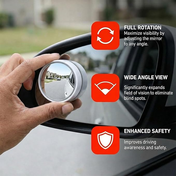 2PCS Car Blind Spot Mirror with Suction Cup, 360°Adjustable HD Glass Automotive Rear View Mirror, Universal Carbon Fiber Wide-Angle Side Mirrors for Cars, SUVs, Trucks(White)