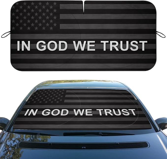 American Flag Car Window Sun Shield Black White Christian Patriot Faith Front Window Sun Shade Rays Sun Shade Visor Protector for Car Sedan Truck SUV Accessories 59" L x 31.5" W