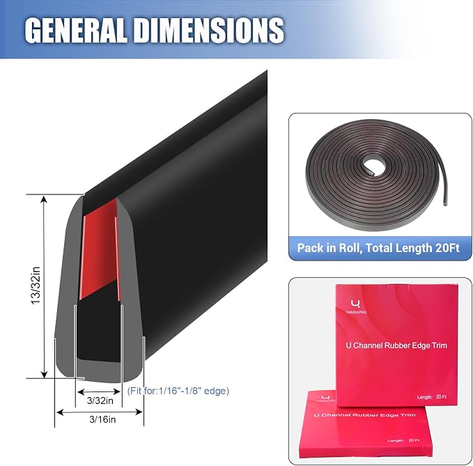 Rubber Edge Trim, Flexible Baby Proof Edge Protectors for Sharp Edges, 3/32"(2mm) U Channel Edge Trim, Self-Adhesive Edge Guards for Car Doors and Sheet Metal Parts, 20Ft, Black Color