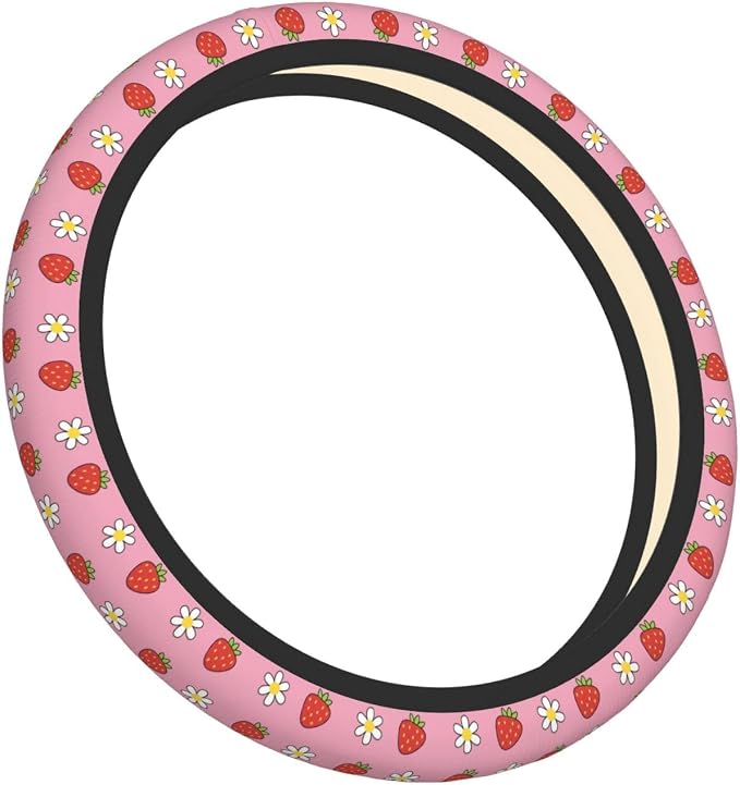 Strawberry Steering Wheel Cover for Women Girls, 15 Inch Universal Floral Daisy Car Steering Wheel Protector, Cute Pink Neoprene Non-Slip Breathable Auto Interior Decor for Most Vehicles, SUV, Sedan