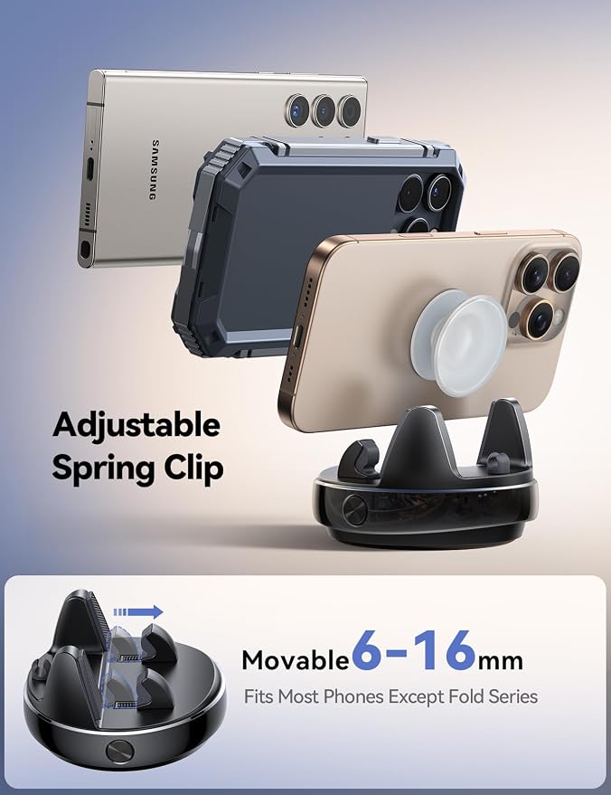 Car Phone Holder Mount, 360° Adjustable & Avoid Sun Glare Phone Holder for Car, Slip Free Spring Snap Design Dashboard Phone Stand, Compatible with Smartphones, GPS Devices