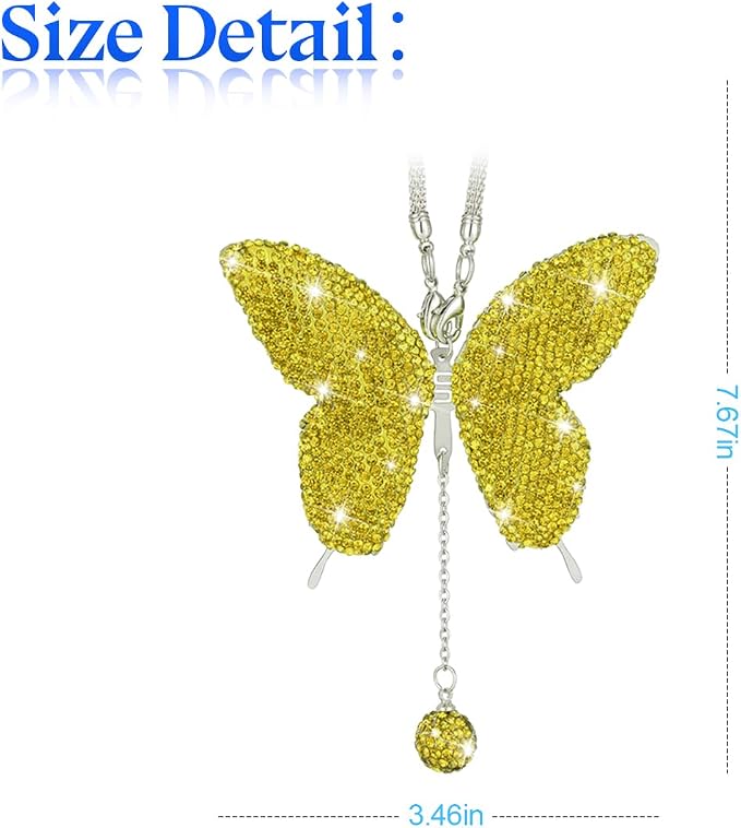 Bling Butterfly Diamond Car Accessories, Crystal Car Rear View Mirror Charms for Women, Car Decoration Lucky Gifts Hanging Interior Crystal Ornament Pendant Decor for All Cars (Yellow)