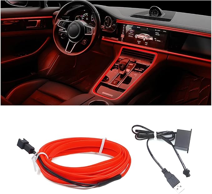 EL Wire LED Strip Lights, USB Auto Neon Light Strip with Sewing Edge, 16FT Electroluminescent Ambient Lighting Kit with Fuse Protection, Car Decoration Accessory (Red/16FT)