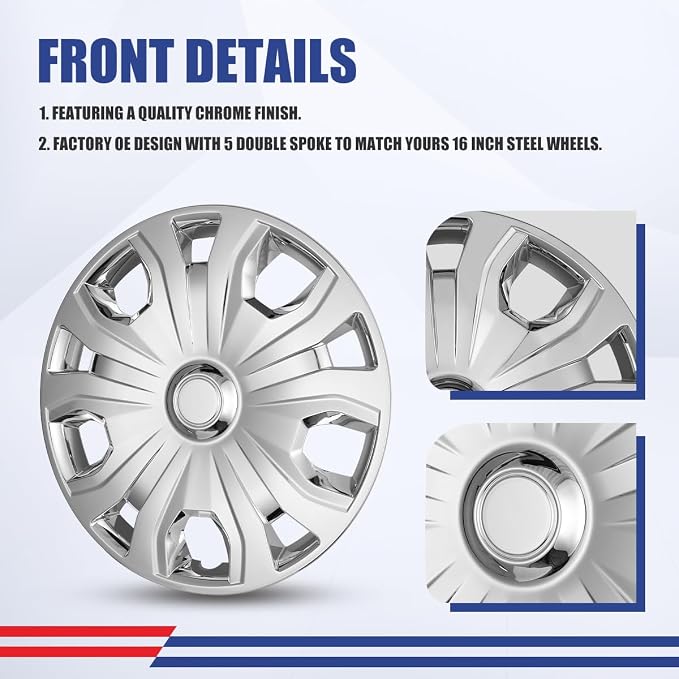 4Pcs 16 2014-2023 Wheel Hubcaps Rim Cover Fits for Ford Transit Connect | Steel ABS+PC Material Snap-On Installation inch Car ReplacementChrome