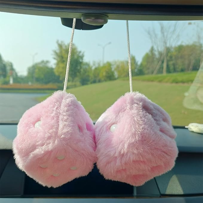 Fuzzy Plush Dice for Car Mirror, Pair of Retro 3” Light Pink Dice with White Dots for Car Interior Hanging Ornament Decoration (Light Pink)