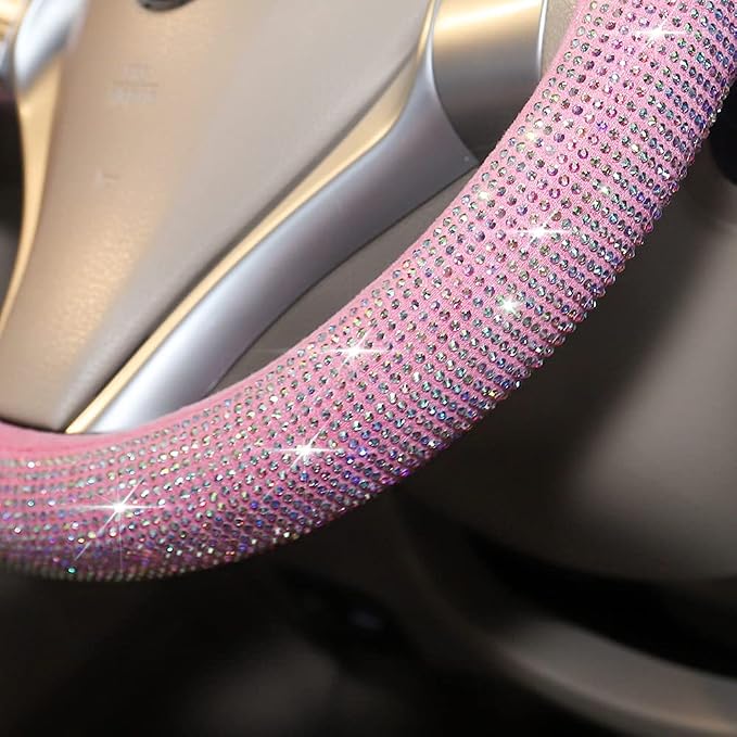 Pink Bling Steering Wheel Cover for Women Sparkly Rhinestone Bedazzled Car Accessories Diamond Cute 15.5-16 inch for Large Size Steering Wheel