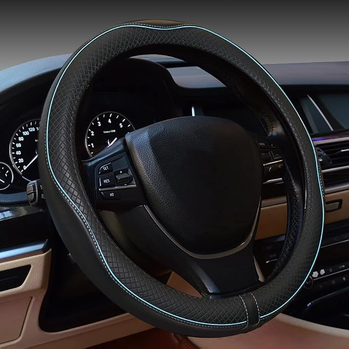 Car Steering Wheel Cover,Anti-Slip, Safety, Soft, Breathable,Heavy Duty, Thick,Full Surround,Sports Style (Black with Light Blue Line)