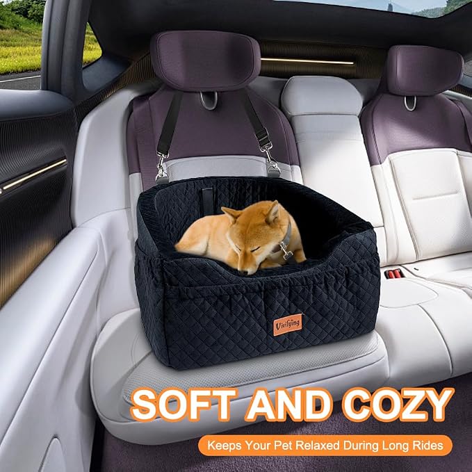 Dog Car Seat for Small & Medium Dogs, Detachable & Washable Booster Seat for Pets Up to 30lbs, Travel Bed with Storage Pockets and Safety Belt – Black