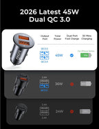 AINOPE QC 3.0 USB Car Charger, 45W Cigarette Lighter USB Charger, Fast Car Charger for Android, [Mini & Aluminum Alloy] 12V Cigarette Lighter Adapter for iPhone 17 16 15 14 13 12 11 Pro Max X