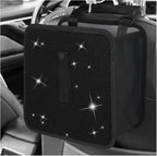 Car Foldable Trash Can, Bling Rhinestone Oxford Garbage Container Hanging Waterproof Organizer, Mini Crystal Dustbin Waste Basket Leakproof Trash Bin for Car Office Kitchen (Black)
