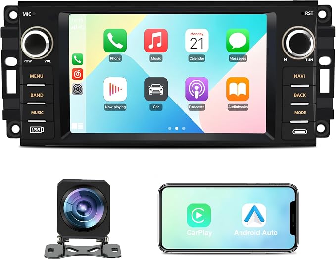 Car Radio Stereo for Jeep Wrangler JK 2007-2018 Dodge Ram 1500 2008-2012, 7 Inch Touch Screen CarPlay Android Auto Bluetooth GPS WiFi FM with Backup Camera