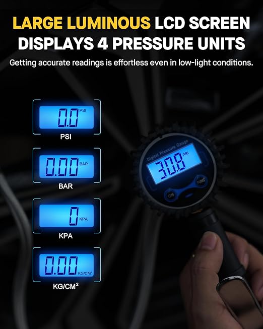 Digital Tire Inflator with Pressure Gauge 200 PSI - Large 2" Digital Dial, Heavy Duty Air Chuck and Compressor Accessories with Tire Tread Depth Gauge and Quick Connect Coupler Car Accessories
