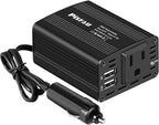 150W Power Inverter 12V DC to 110V AC Car Plug Adapter Outlet Converter with 3.1A Dual USB AC car Charger for Laptop Computer Black