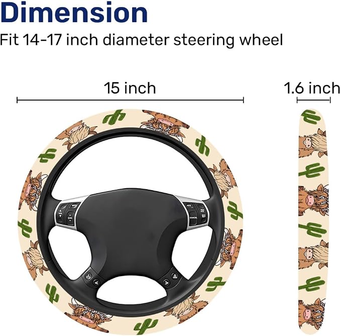 Cute Highland Cow Steering Wheel Cover, Non Slip Polyester Car Wheel Protector for Car SUV Truck, Universal 15 Inch