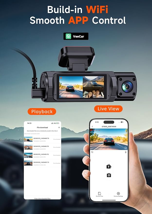 4K 3 Channel Dash Cam Front and Rear Inside, Dash Camera for Cars WDR Night Vision, 2 Inch IPS Screen WiFi App Control, 24H Parking Mode G-Sensor 32GB SD Card Included Support 256 GB Max
