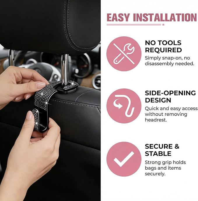 4PCS Bling Car Seat Headrest Hook, Crystal Rhinestone Backseat Hanger Organizer for Purse Handbag Umbrella, Shiny Auto Interior Seat Back Storage Holder Hook, Universal Fit (Black)