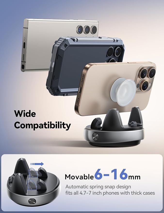 Car Phone Holder, [Adjustable Spring Design] Dashboard Cell Phone Holder Compatible with Popsocket, 360°Rotatable & Vertical 30°Adjustable Mount for Car, Silver