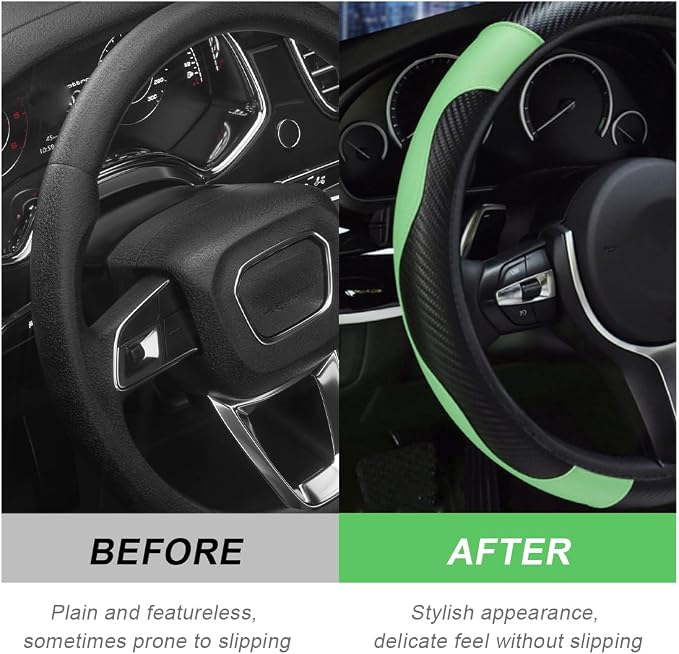Car Steering Wheel Cover, 15 Inch Carbon Fiber Leather Stitching Color Steering Wheel Protector, Anti-Slip Elastic Breathable Steering Wheel Cover Stylish Decor for Most Cars (Green)