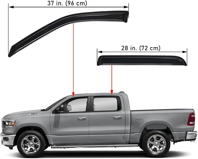 WV94109 Extra Durable Outside-Mount Car Window Visors Rain Guards, Fit 2009-2018 Dodge Ram 1500 Crew Cab, 2010-2026 Ram 2500 & 3500 Crew Cab/Mega Cab, 2019-2024 Ram 1500 Classic Crew Cab, Smoke, 4-Pcs