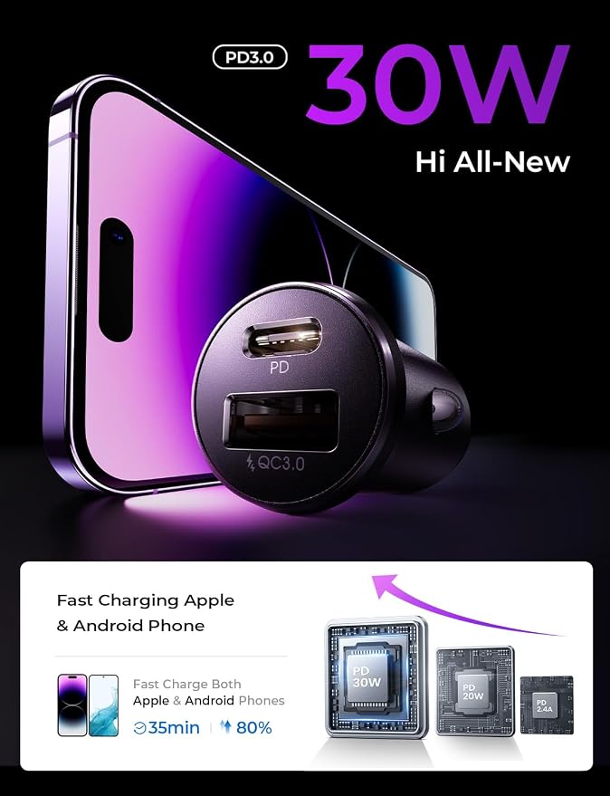 54W Car Phone Charger USB C, Cigarette Lighter Adapter, Car Accessories for iPhone, USB C Car Charger Adapter USBC Type C 12v, Fit for iPhone 16, 15, 14, 13 Samsung Google iPad Android, Orange | Cigarette Lighter Charger, USB C Car Charger Fast C...