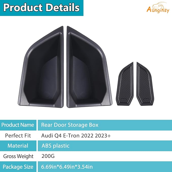 Rear Door Side Storage Box Compatible with Audi Q4 E-Tron 2022 2023 2024 2025, 2PCS Car Back Door Side Armrest Grab Handle Groove Storage Organizer Tray Pocket Slot Mat Insert ABS Accessories