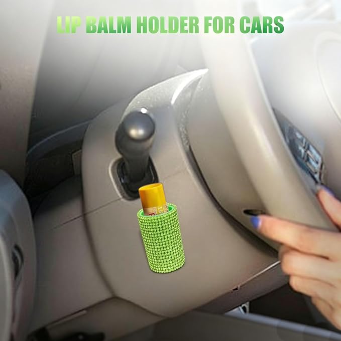 Upright Car Chapstick Holder, Bling Insulating Lip Balm Holder,Rhinestone Car Accessories for Women Interior,Suitable for Most Vehicles. (Green)