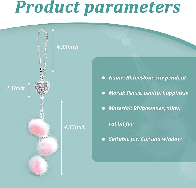 Bling Diamond Heart Car Interior Accessories, Heart & Pink Plush Ball Decor Ornament Pendant, Hanging Decoration Charm (Pink)