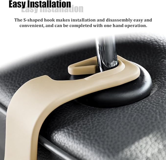 Car Seat Headrest Hook, 4PCS Vehicle Seat Back Hanger Storage Organizer for Handbag Purse Coat, Auto Interior Headrest Hook, Universal for SUV Automobile Truck (Beige)