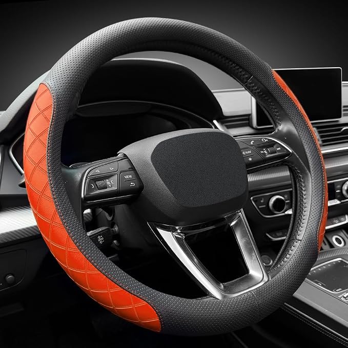Nappa Leather Steering Wheel Cover, Diamond Checkered Design, Non-Slip wear-Resistant, Enhance Driving Comfort, Suitable for Steering Wheel Diameter 14 1/2‘-15’ Models.Black Orange